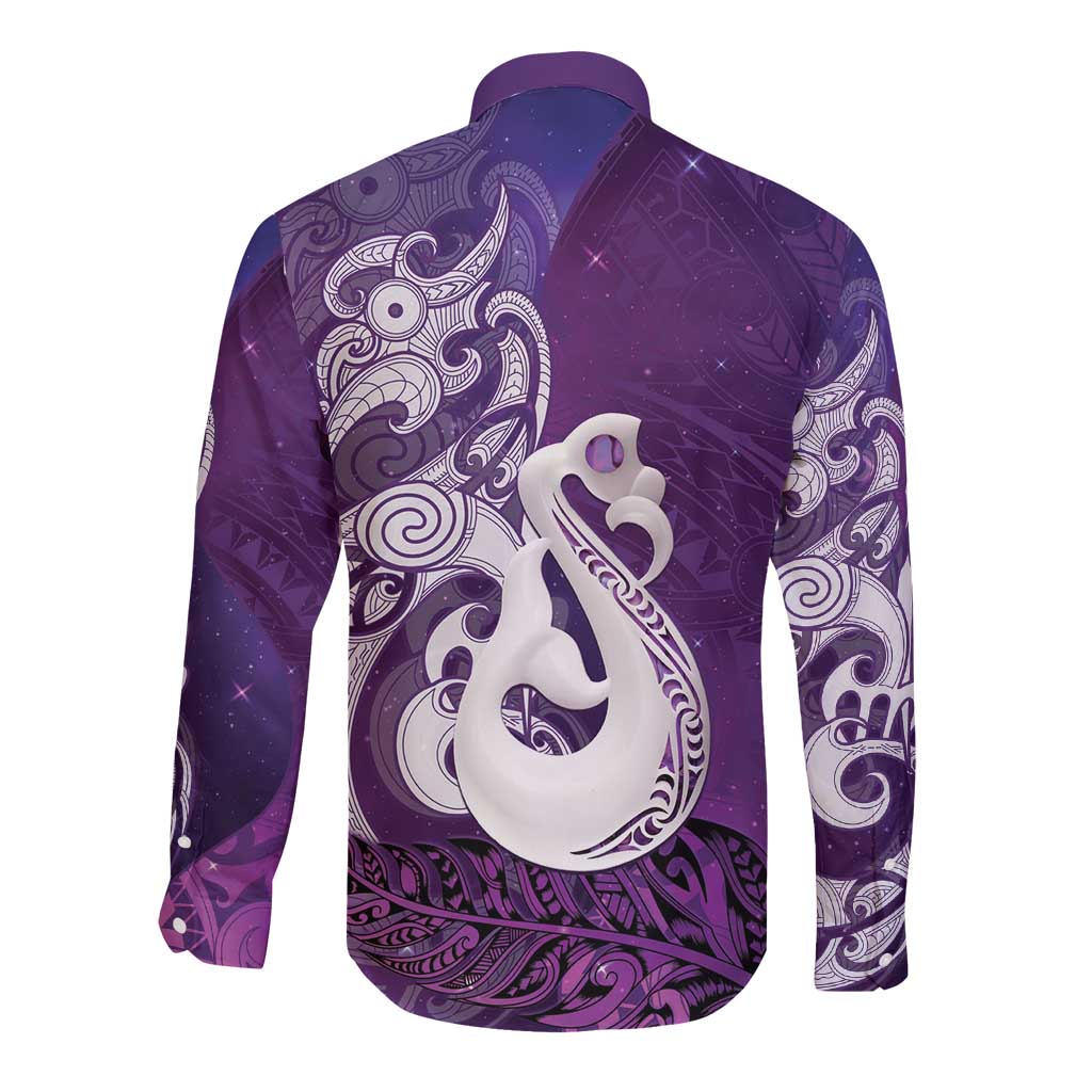 New Zealand Matariki Long Sleeve Button Shirt Maori Manaia Galaxy Silver Fern Purple Color