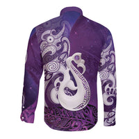 New Zealand Matariki Long Sleeve Button Shirt Maori Manaia Galaxy Silver Fern Purple Color