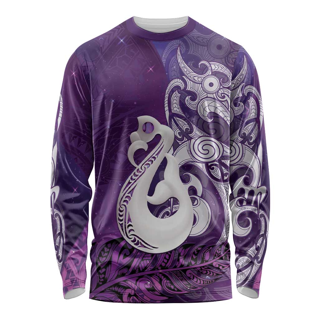 New Zealand Matariki Long Sleeve Shirt Maori Manaia Galaxy Silver Fern Purple Color