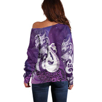 New Zealand Matariki Off Shoulder Sweater Maori Manaia Galaxy Silver Fern Purple Color