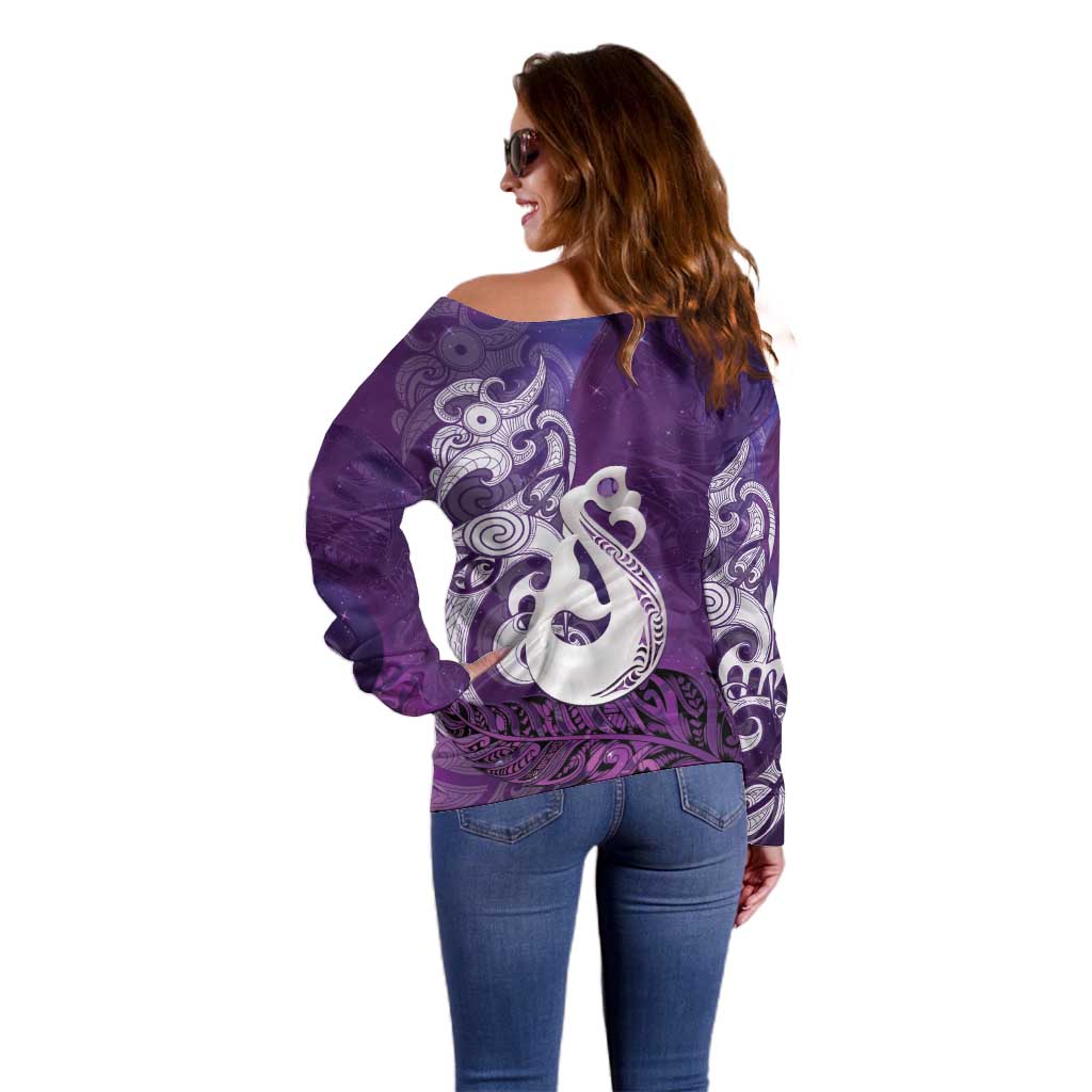 New Zealand Matariki Off Shoulder Sweater Maori Manaia Galaxy Silver Fern Purple Color