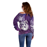 New Zealand Matariki Off Shoulder Sweater Maori Manaia Galaxy Silver Fern Purple Color