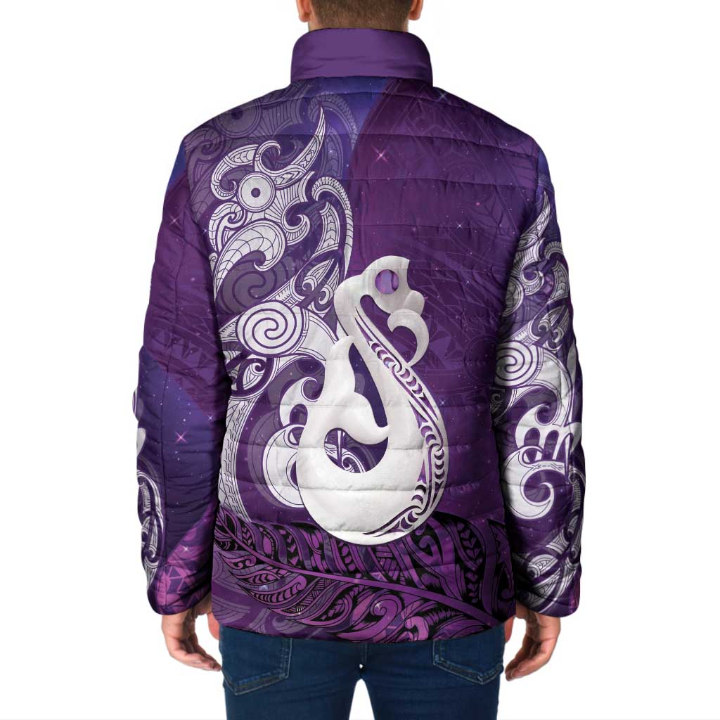 New Zealand Matariki Padded Jacket Maori Manaia Galaxy Silver Fern Purple Color