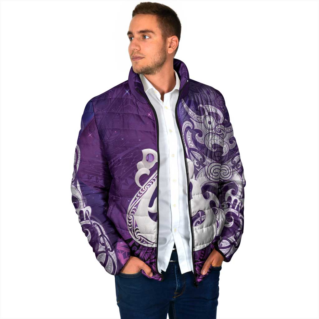 New Zealand Matariki Padded Jacket Maori Manaia Galaxy Silver Fern Purple Color