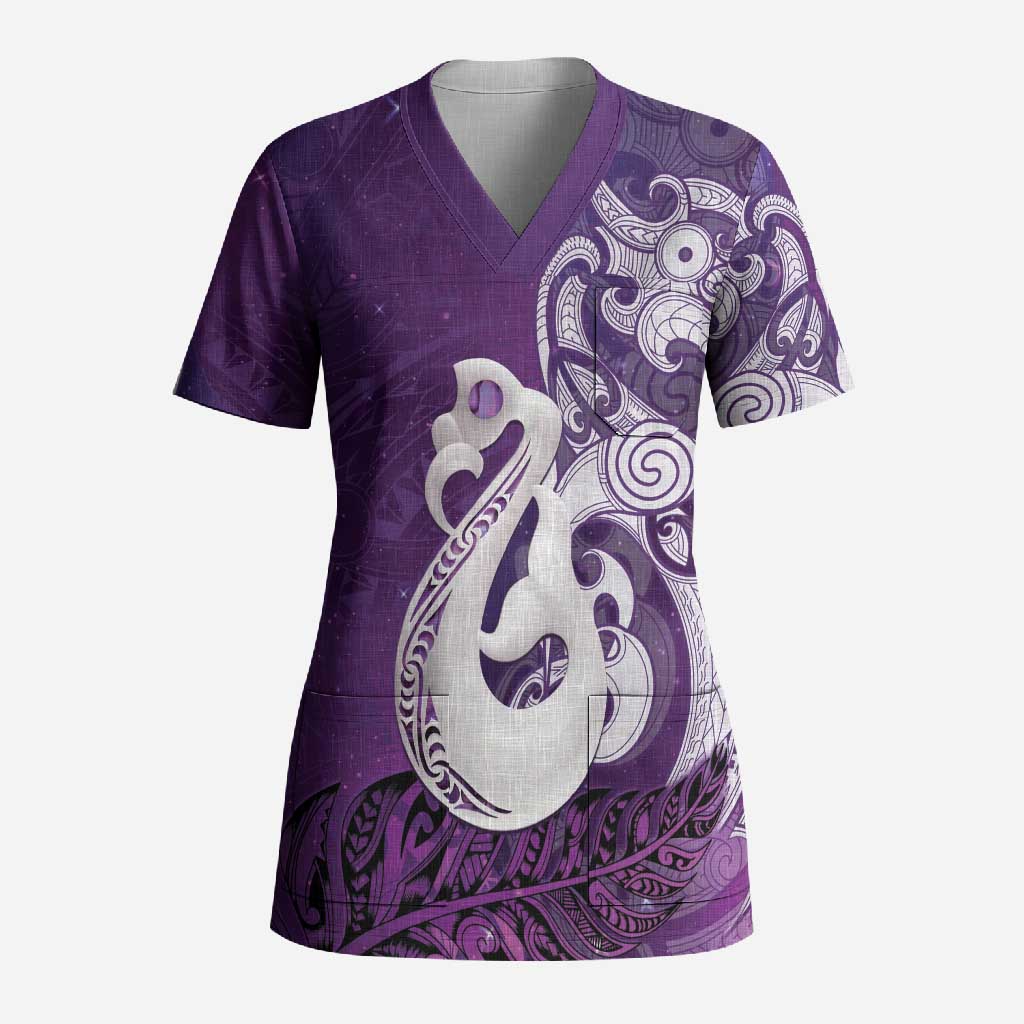 New Zealand Matariki Scrub Top Maori Manaia Galaxy Silver Fern Purple Color