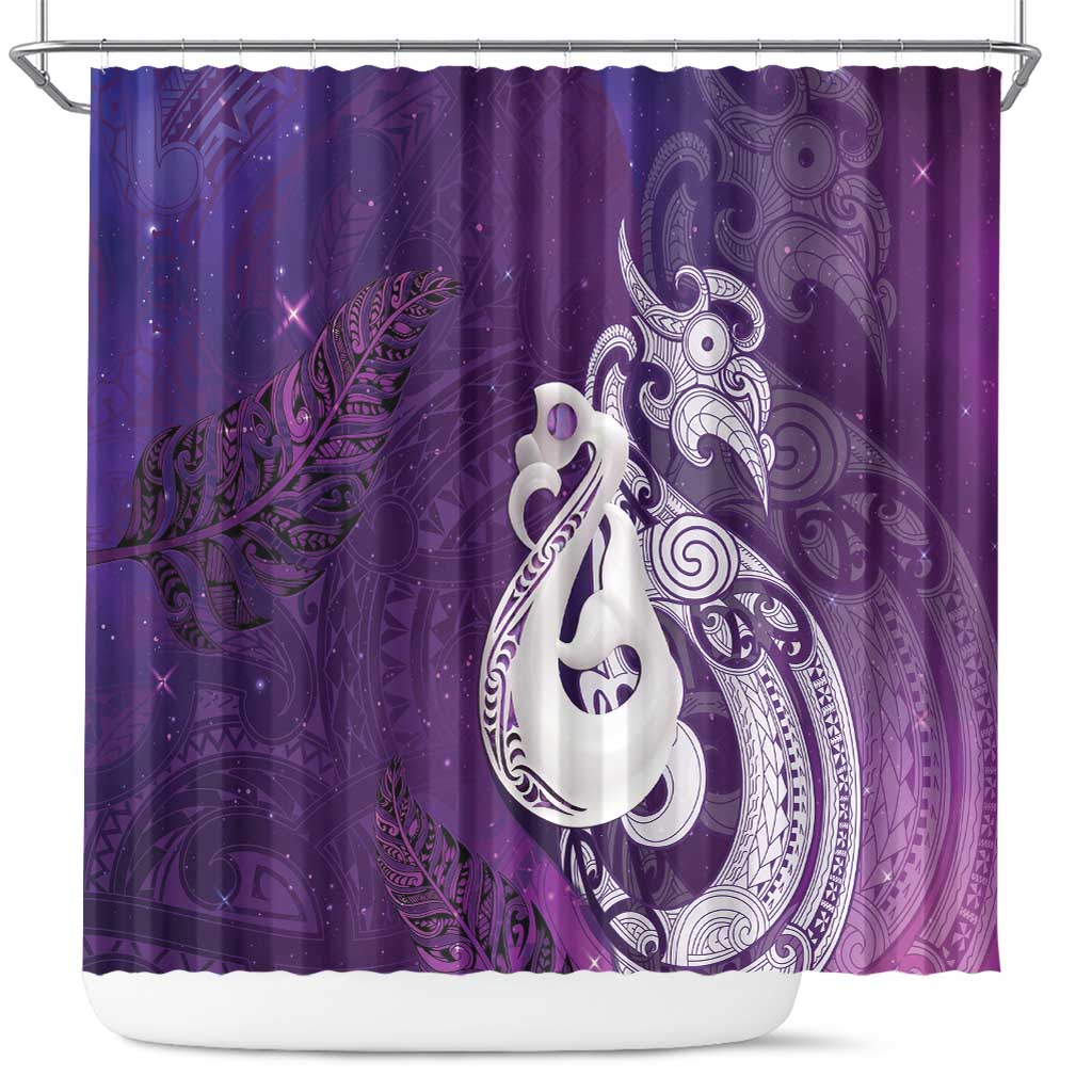 New Zealand Matariki Shower Curtain Maori Manaia Galaxy Silver Fern Purple Color