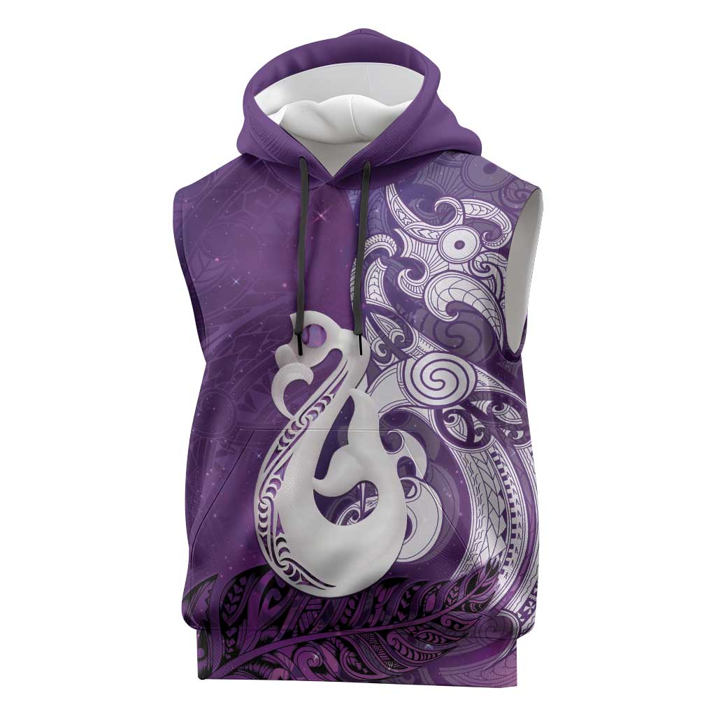 New Zealand Matariki Sleeveless Hoodie Maori Manaia Galaxy Silver Fern Purple Color