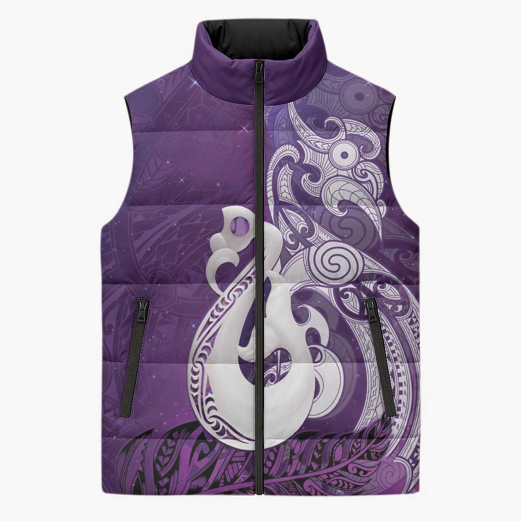 New Zealand Matariki Sleeveless Puffer Jacket Maori Manaia Galaxy Silver Fern Purple Color