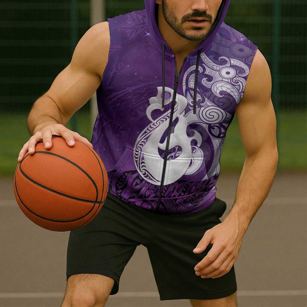 New Zealand Matariki Sleeveless Zip Hoodie Maori Manaia Galaxy Silver Fern Purple Color