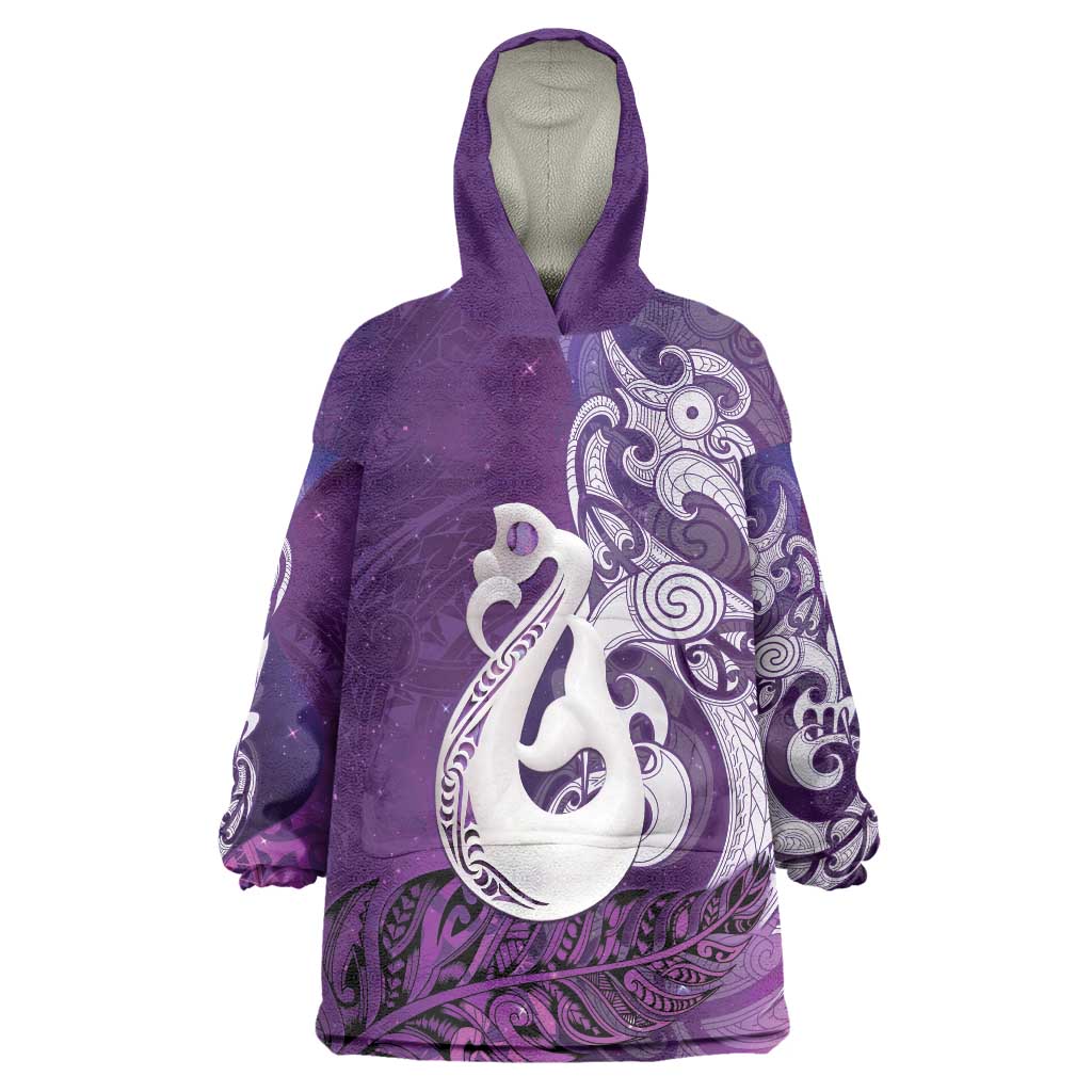 New Zealand Matariki Wearable Blanket Hoodie Maori Manaia Galaxy Silver Fern Purple Color