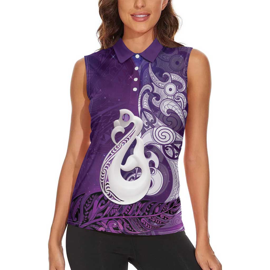 New Zealand Matariki Women Sleeveless Polo Shirt Maori Manaia Galaxy Silver Fern Purple Color LT22 - Polynesian Pride
