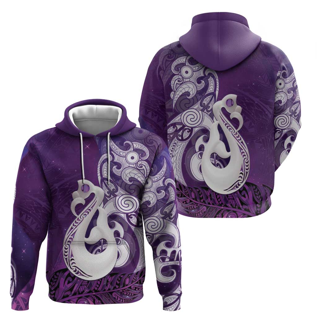 New Zealand Matariki Zip Hoodie Maori Manaia Galaxy Silver Fern Purple Color