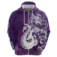 New Zealand Matariki Zip Hoodie Maori Manaia Galaxy Silver Fern Purple Color