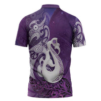 New Zealand Matariki Zipper Polo Shirt Maori Manaia Galaxy Silver Fern Purple Color