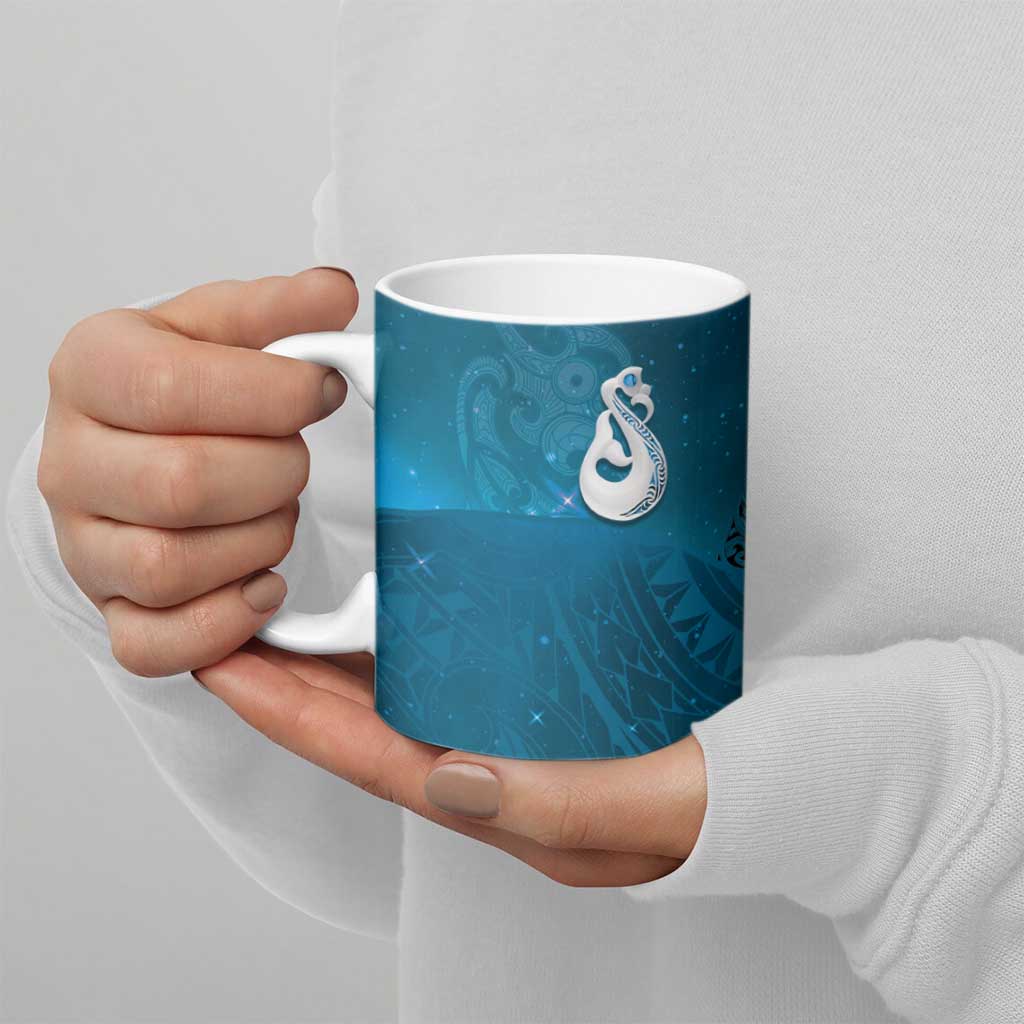 New Zealand Matariki Ceramic Mug Maori Manaia Galaxy Silver Fern Blue Color