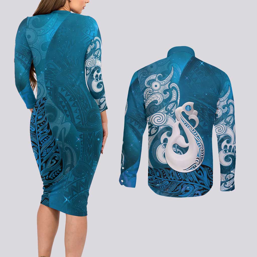 New Zealand Matariki Couples Matching Long Sleeve Bodycon Dress and Long Sleeve Button Shirt Maori Manaia Galaxy Silver Fern Blue Color