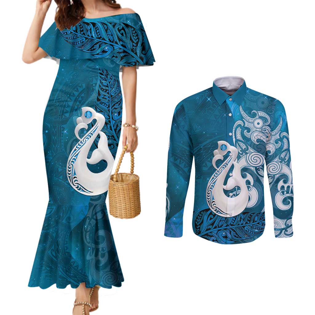 New Zealand Matariki Couples Matching Mermaid Dress and Long Sleeve Button Shirt Maori Manaia Galaxy Silver Fern Blue Color LT22 Blue - Polynesian Pride