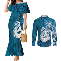 New Zealand Matariki Couples Matching Mermaid Dress and Long Sleeve Button Shirt Maori Manaia Galaxy Silver Fern Blue Color LT22 Blue - Polynesian Pride