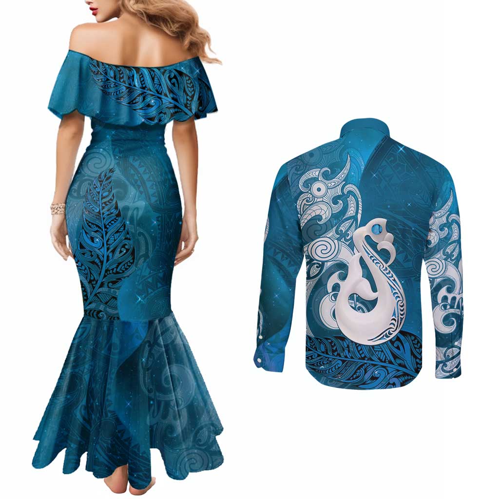 New Zealand Matariki Couples Matching Mermaid Dress and Long Sleeve Button Shirt Maori Manaia Galaxy Silver Fern Blue Color LT22 - Polynesian Pride