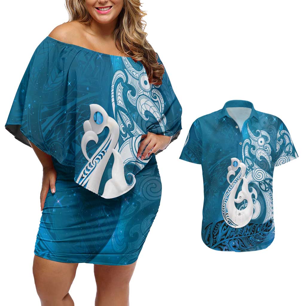 New Zealand Matariki Couples Matching Off Shoulder Short Dress and Hawaiian Shirt Maori Manaia Galaxy Silver Fern Blue Color