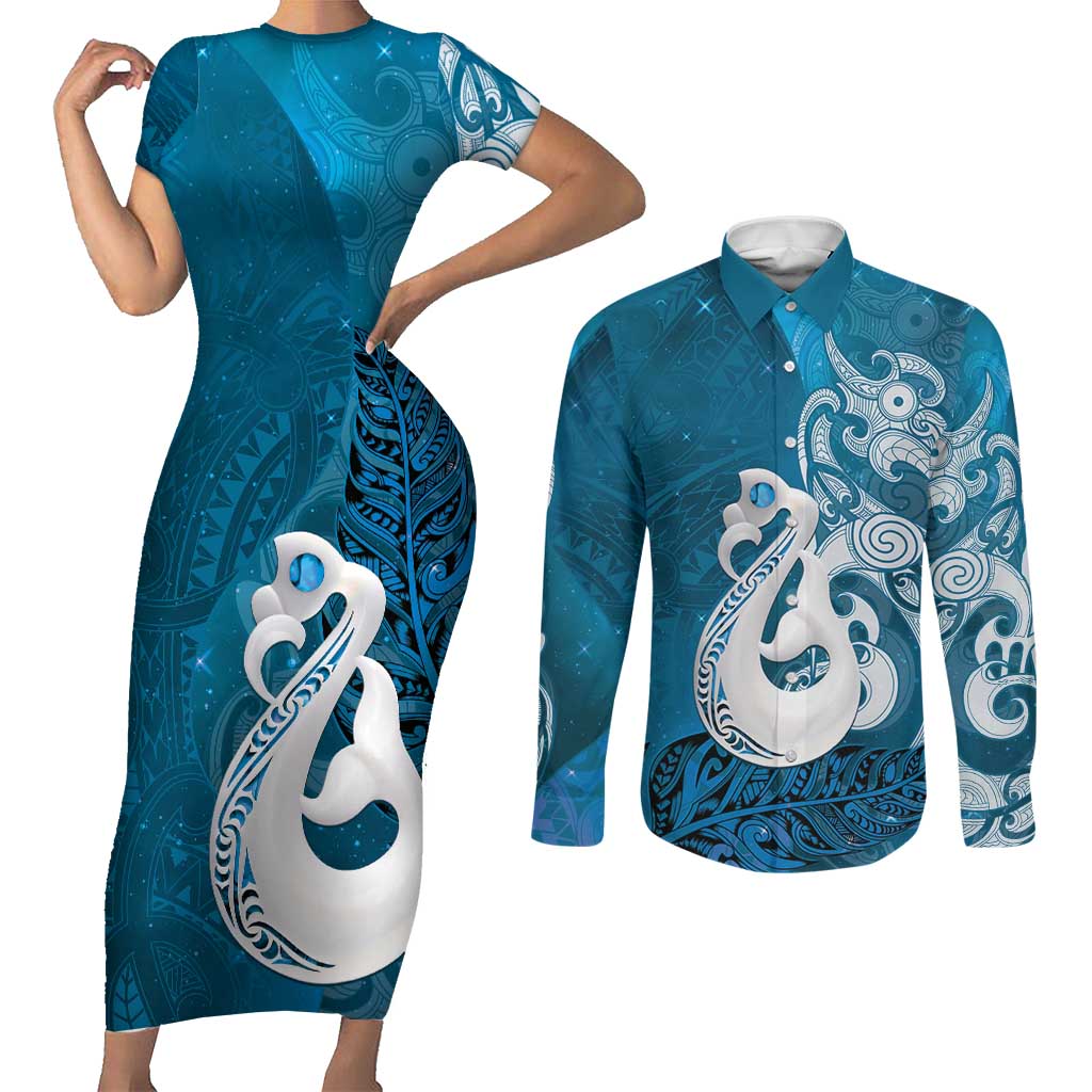 New Zealand Matariki Couples Matching Short Sleeve Bodycon Dress and Long Sleeve Button Shirt Maori Manaia Galaxy Silver Fern Blue Color