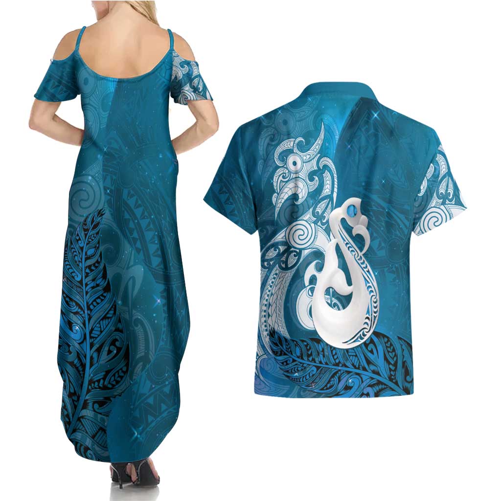 New Zealand Matariki Couples Matching Summer Maxi Dress and Hawaiian Shirt Maori Manaia Galaxy Silver Fern Blue Color
