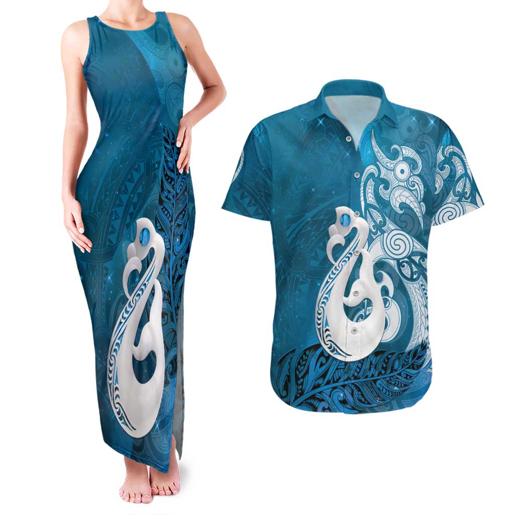 New Zealand Matariki Couples Matching Tank Maxi Dress and Hawaiian Shirt Maori Manaia Galaxy Silver Fern Blue Color