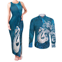 New Zealand Matariki Couples Matching Tank Maxi Dress and Long Sleeve Button Shirt Maori Manaia Galaxy Silver Fern Blue Color