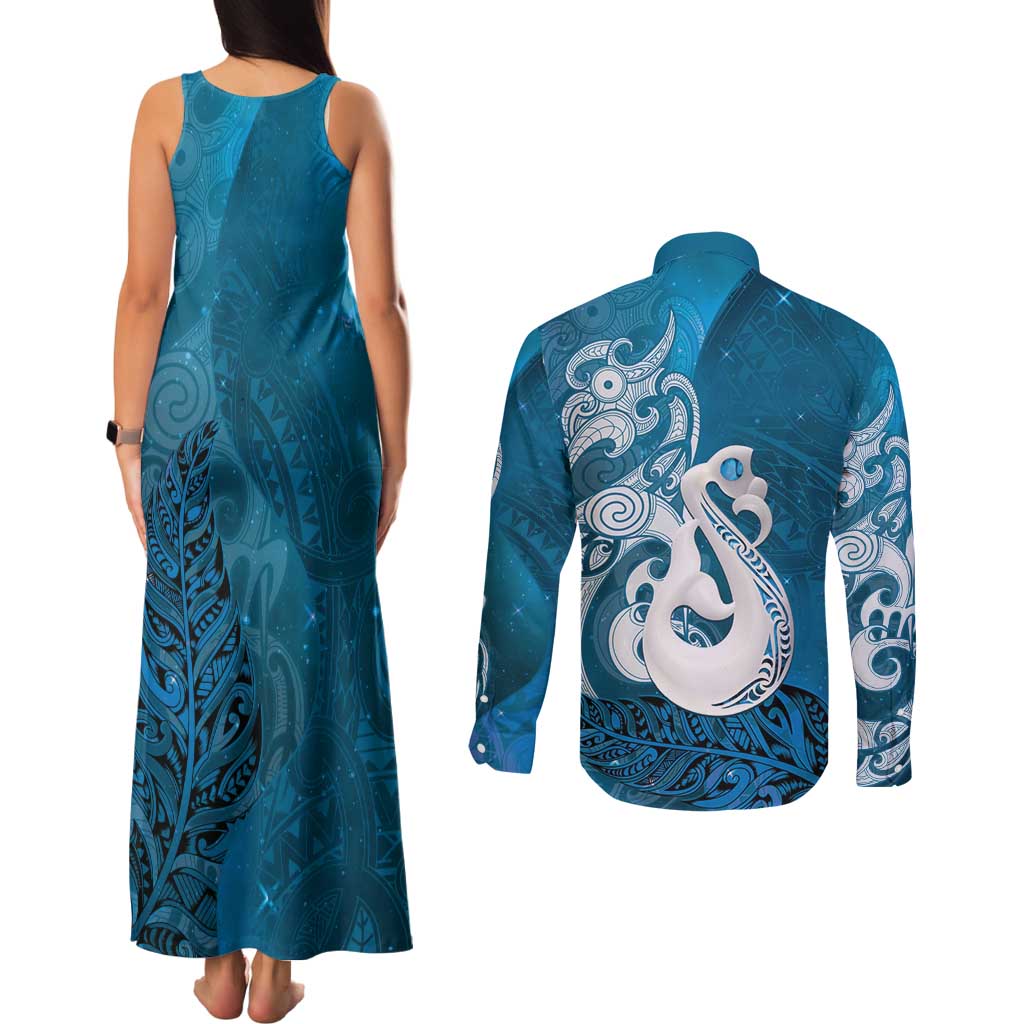New Zealand Matariki Couples Matching Tank Maxi Dress and Long Sleeve Button Shirt Maori Manaia Galaxy Silver Fern Blue Color