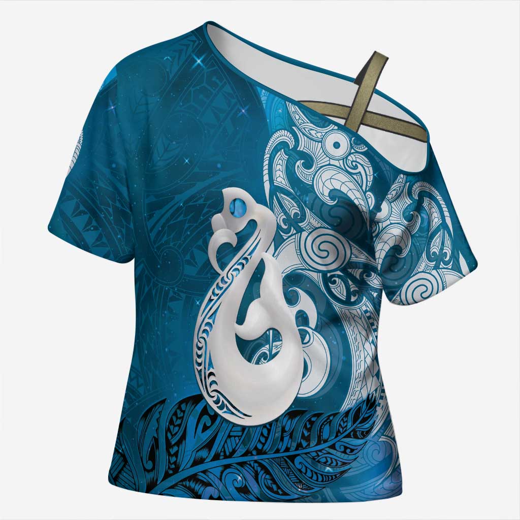 New Zealand Matariki Cross Shoulder Shirt Maori Manaia Galaxy Silver Fern Blue Color