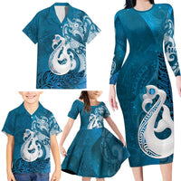New Zealand Matariki Family Matching Long Sleeve Bodycon Dress and Hawaiian Shirt Maori Manaia Galaxy Silver Fern Blue Color LT22 - Polynesian Pride