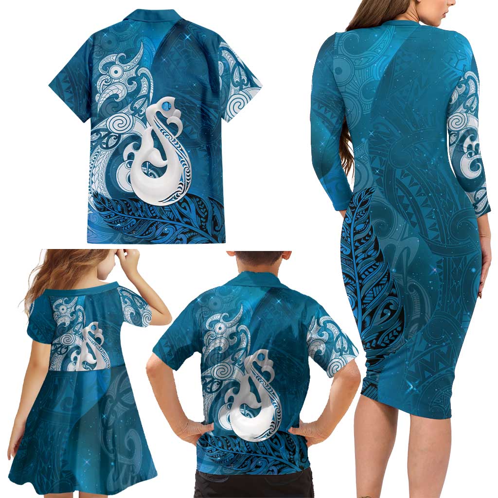 New Zealand Matariki Family Matching Long Sleeve Bodycon Dress and Hawaiian Shirt Maori Manaia Galaxy Silver Fern Blue Color LT22 - Polynesian Pride