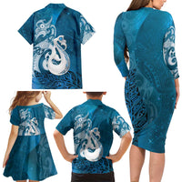 New Zealand Matariki Family Matching Long Sleeve Bodycon Dress and Hawaiian Shirt Maori Manaia Galaxy Silver Fern Blue Color LT22 - Polynesian Pride