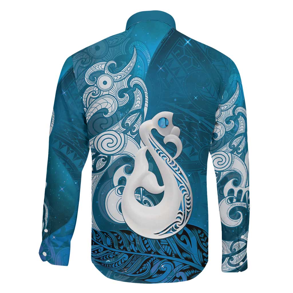 New Zealand Matariki Family Matching Long Sleeve Bodycon Dress and Hawaiian Shirt Maori Manaia Galaxy Silver Fern Blue Color LT22 - Polynesian Pride