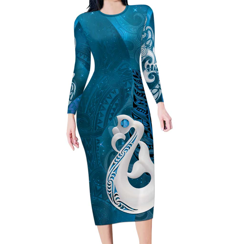 New Zealand Matariki Family Matching Long Sleeve Bodycon Dress and Hawaiian Shirt Maori Manaia Galaxy Silver Fern Blue Color LT22 Mom's Dress Blue - Polynesian Pride