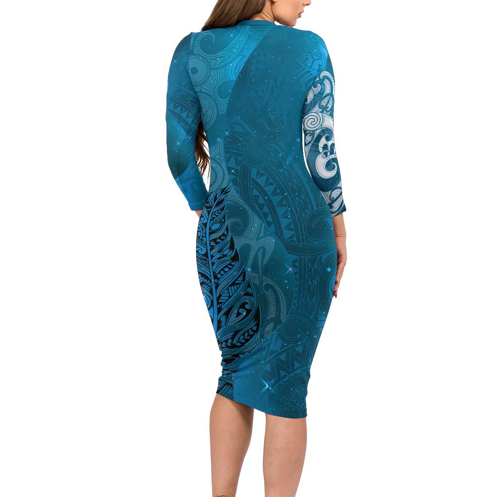 New Zealand Matariki Family Matching Long Sleeve Bodycon Dress and Hawaiian Shirt Maori Manaia Galaxy Silver Fern Blue Color LT22 - Polynesian Pride