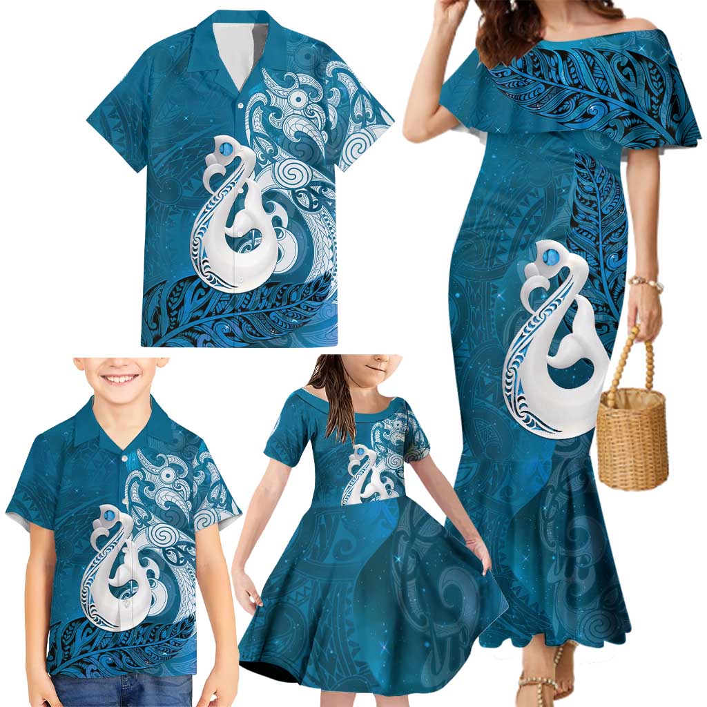 New Zealand Matariki Family Matching Mermaid Dress and Hawaiian Shirt Maori Manaia Galaxy Silver Fern Blue Color