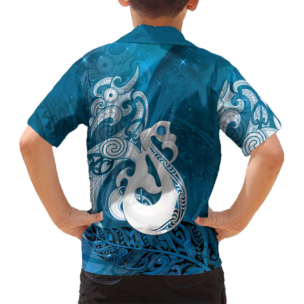 New Zealand Matariki Family Matching Off The Shoulder Long Sleeve Dress and Hawaiian Shirt Maori Manaia Galaxy Silver Fern Blue Color LT22 - Polynesian Pride