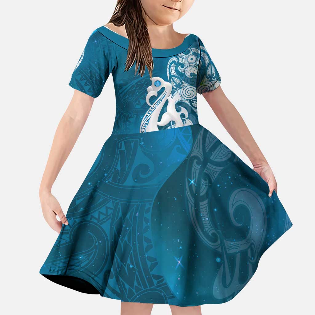 New Zealand Matariki Family Matching Off The Shoulder Long Sleeve Dress and Hawaiian Shirt Maori Manaia Galaxy Silver Fern Blue Color LT22 Daughter's Dress Blue - Polynesian Pride