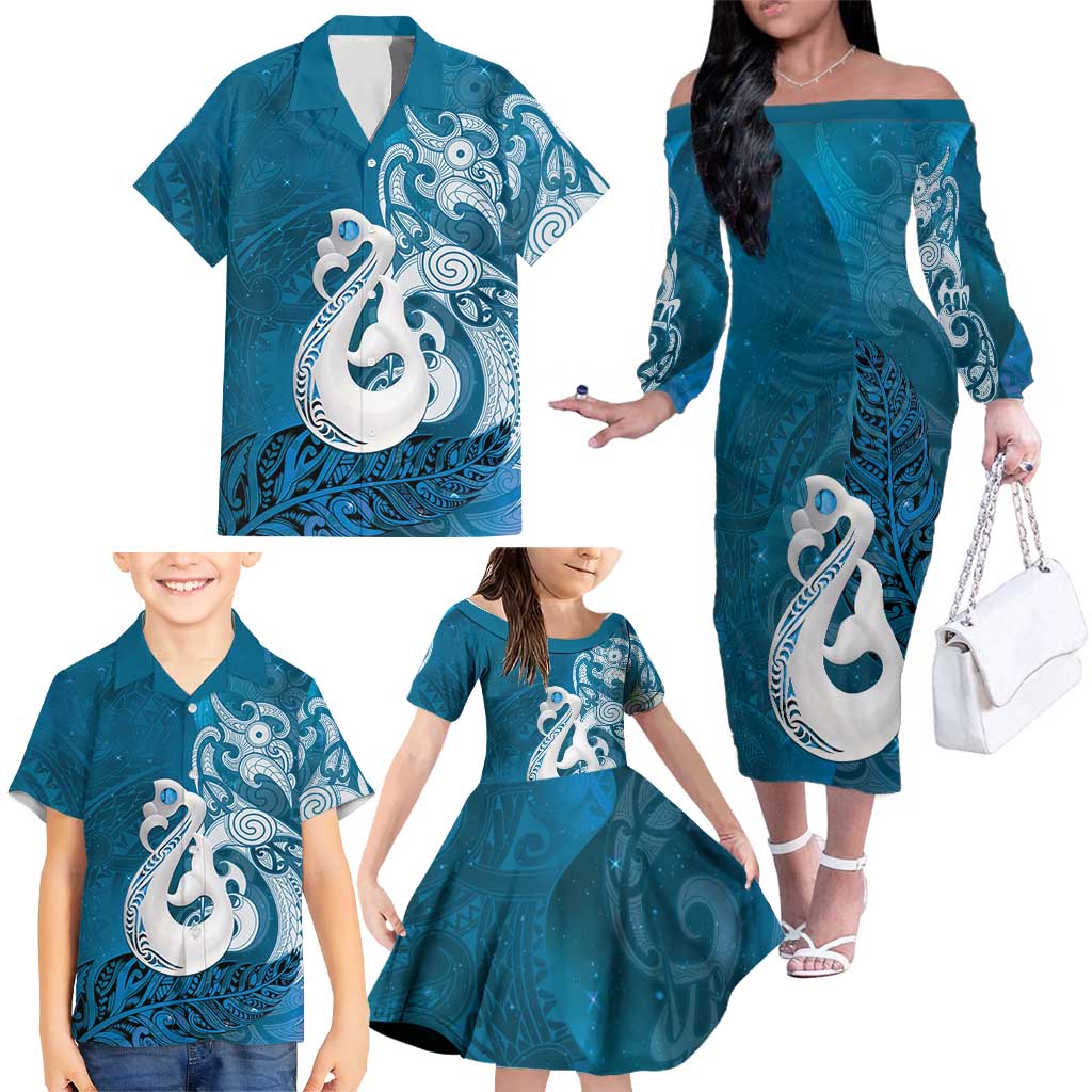 New Zealand Matariki Family Matching Off The Shoulder Long Sleeve Dress and Hawaiian Shirt Maori Manaia Galaxy Silver Fern Blue Color LT22 - Polynesian Pride