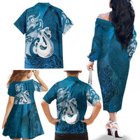New Zealand Matariki Family Matching Off The Shoulder Long Sleeve Dress and Hawaiian Shirt Maori Manaia Galaxy Silver Fern Blue Color LT22 - Polynesian Pride