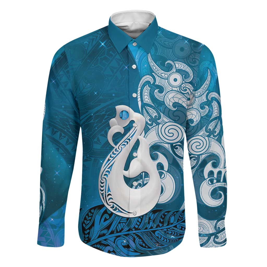 New Zealand Matariki Family Matching Off The Shoulder Long Sleeve Dress and Hawaiian Shirt Maori Manaia Galaxy Silver Fern Blue Color LT22 Dad's Shirt - Long Sleeve Blue - Polynesian Pride