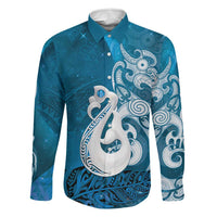New Zealand Matariki Family Matching Off The Shoulder Long Sleeve Dress and Hawaiian Shirt Maori Manaia Galaxy Silver Fern Blue Color LT22 Dad's Shirt - Long Sleeve Blue - Polynesian Pride