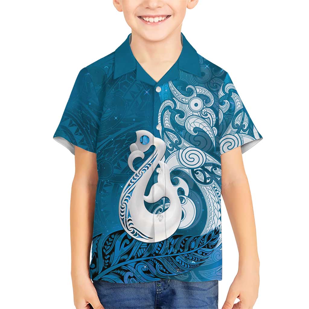 New Zealand Matariki Family Matching Off The Shoulder Long Sleeve Dress and Hawaiian Shirt Maori Manaia Galaxy Silver Fern Blue Color LT22 Son's Shirt Blue - Polynesian Pride