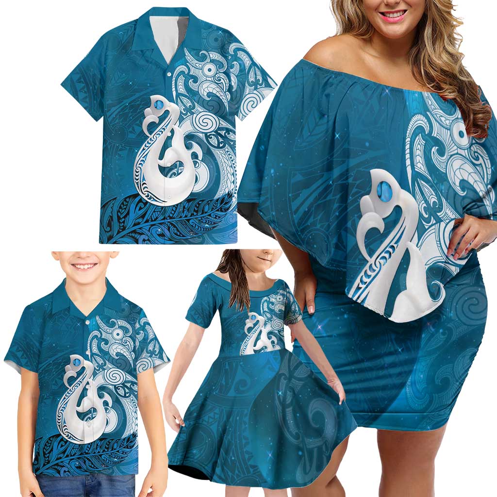 New Zealand Matariki Family Matching Off Shoulder Short Dress and Hawaiian Shirt Maori Manaia Galaxy Silver Fern Blue Color LT22 - Polynesian Pride