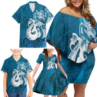 New Zealand Matariki Family Matching Off Shoulder Short Dress and Hawaiian Shirt Maori Manaia Galaxy Silver Fern Blue Color LT22 - Polynesian Pride