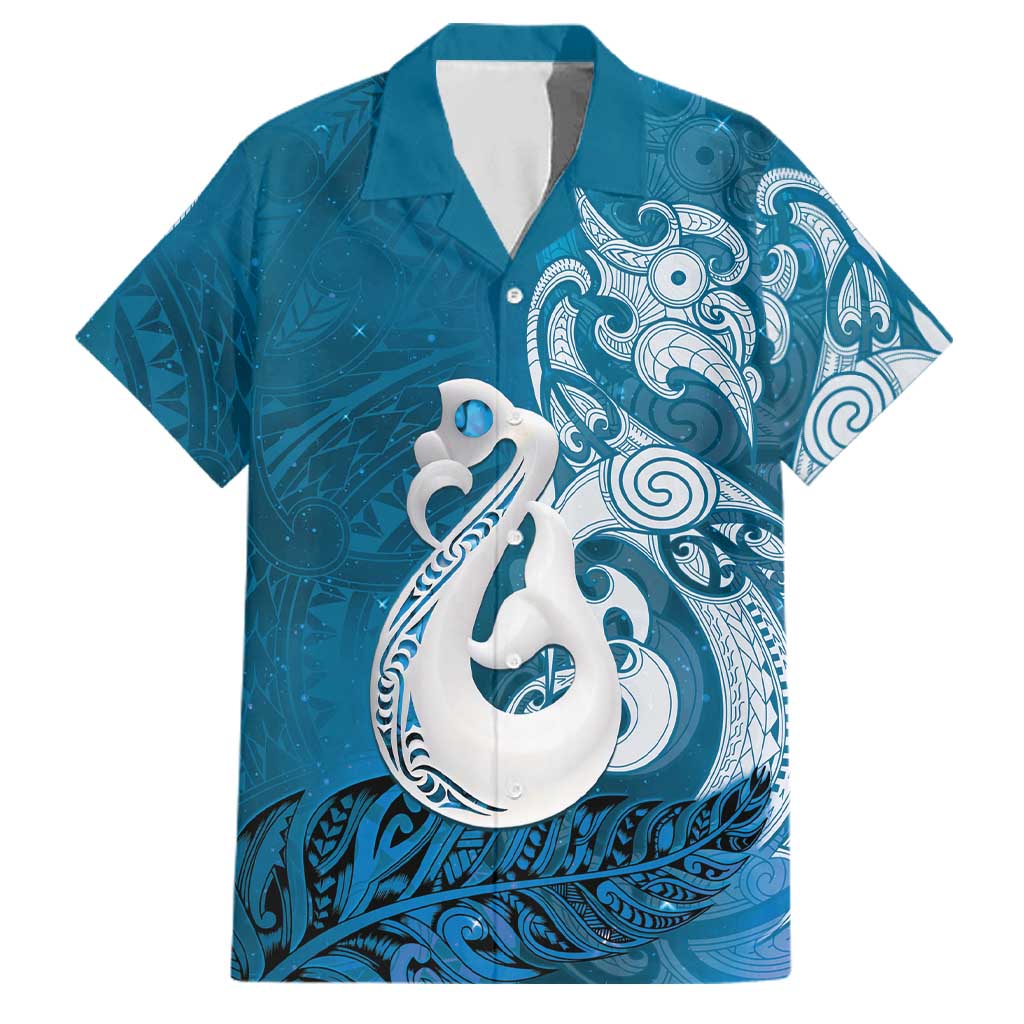 New Zealand Matariki Family Matching Off Shoulder Short Dress and Hawaiian Shirt Maori Manaia Galaxy Silver Fern Blue Color LT22 Dad's Shirt - Short Sleeve Blue - Polynesian Pride