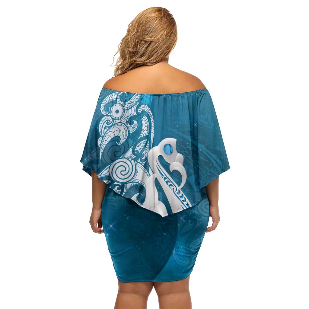 New Zealand Matariki Family Matching Off Shoulder Short Dress and Hawaiian Shirt Maori Manaia Galaxy Silver Fern Blue Color LT22 - Polynesian Pride