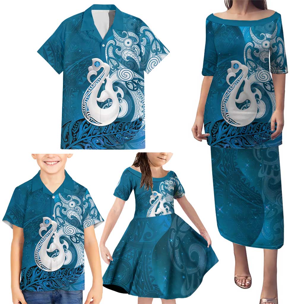 New Zealand Matariki Family Matching Puletasi and Hawaiian Shirt Maori Manaia Galaxy Silver Fern Blue Color