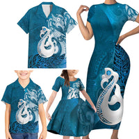 New Zealand Matariki Family Matching Short Sleeve Bodycon Dress and Hawaiian Shirt Maori Manaia Galaxy Silver Fern Blue Color LT22 - Polynesian Pride